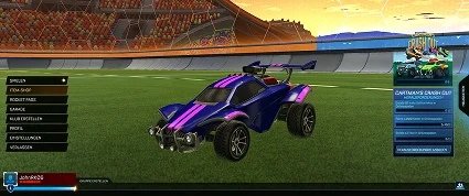 Ekran personalizacji samochodu w Rocket League z fioletowym pojazdem stojącym na stadionie i menu modyfikacji po lewej stronie.