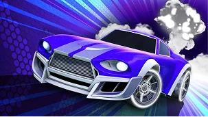 Fioletowy samochód sportowy w stylu Rocket League z dynamicznym tłem podkreślającym prędkość jazdy.